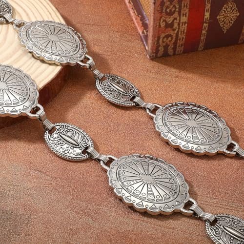 XZQTIVE Women Boho Chain Belts For Dresses Jeans Western Cowgirl Waist Links Belt Adjustable Metal Concho Belt - size: Fit Waist upto 36inches, style: Matter Silver