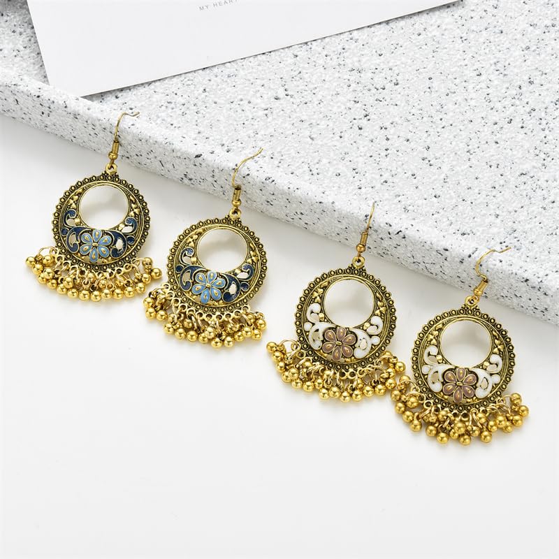 Vintage Boho Statement Drop Dangle Earrings for Women Bohemian Ethnic Handmade Beaded Charms Earring Bohemian Retro Chandelier Tassel Earrings Mexico Gypsy Jewelry Gift - color: O-Gold-White