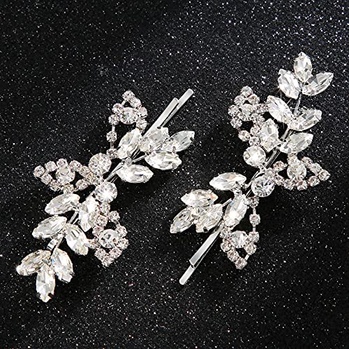 Waydress 4 Pcs Rhinestone Hair Clip Wedding Bridal Hair Barrette Decorative Leaf Crystal Side Hairpin Accessories for Women(Rhinestone Style,Silver) - color: Silver