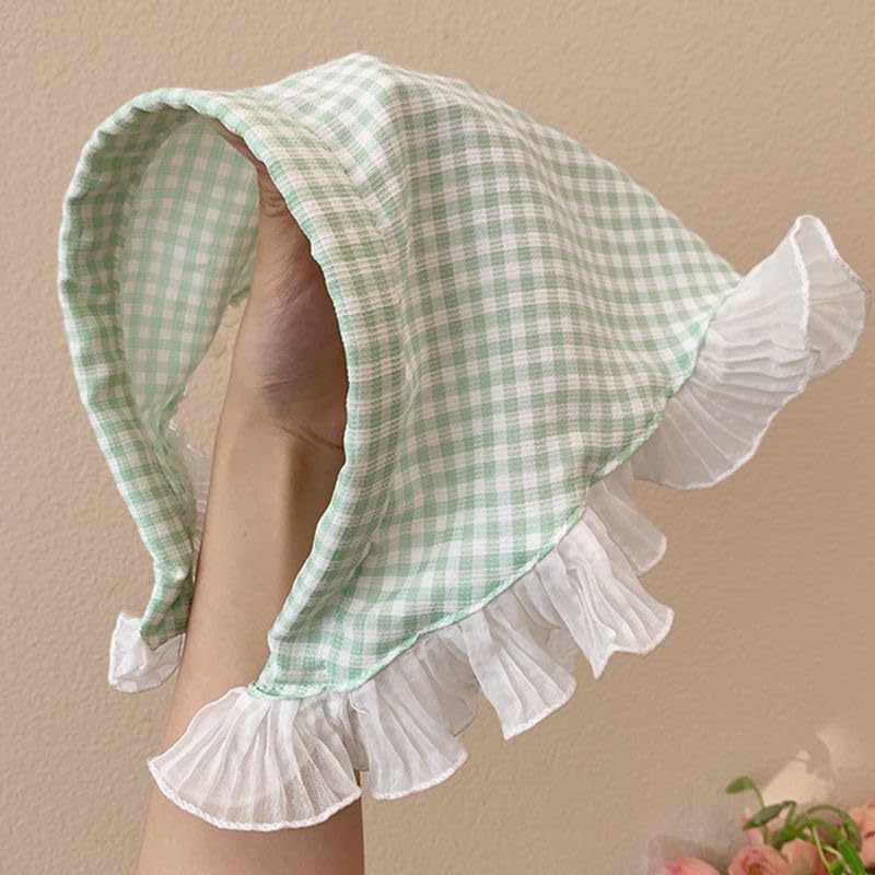 Women's Lace Bandana Headband, Vintage Gingham Triangle Scarf with Bow, French Retro Style for Boho Chic & Casual Outfits (10-Green checkered, One Size) - color: 10-Green checkered