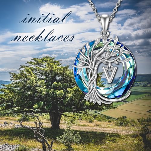 TOUPOP Gifts for Women Tree of Life Initial Necklace 925 Sterling Silver Letter Pendant with Blue Crystal Birthday Jewelry Gifts for Women Her Mom Wife Daughter - color: Tree of Life V Initial