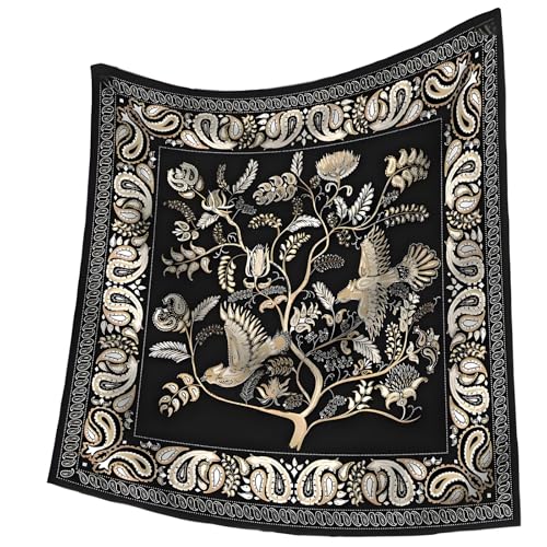 Premium Floral Scarf for Women 35x35 Square Silk Feel-Lightweight Scarves Headscarf Bandanas Wrapping Handbag - color: Black Golden