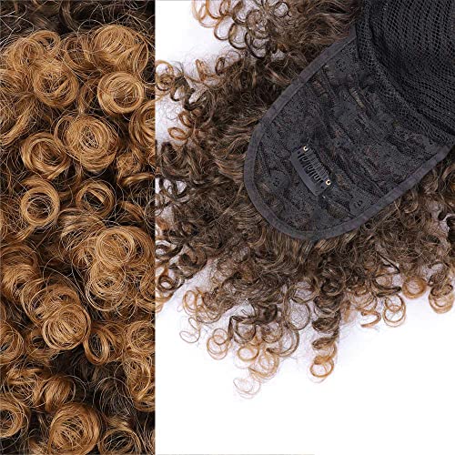 Afro Puff Drawstring Ponytail for Black Women, Kinky Curly Synthetic Hair Bun Extension with Bangs, Short Clip in Updo Hairpiece, T30 Ombre - color: T30