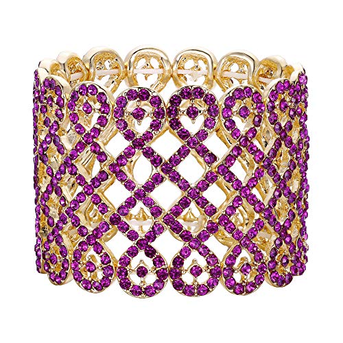 EVER FAITH Art Deco Love Knot Wide Stretch Bridal Bracelet Austrian Crystal - color: Fuchsia Gold-Tone