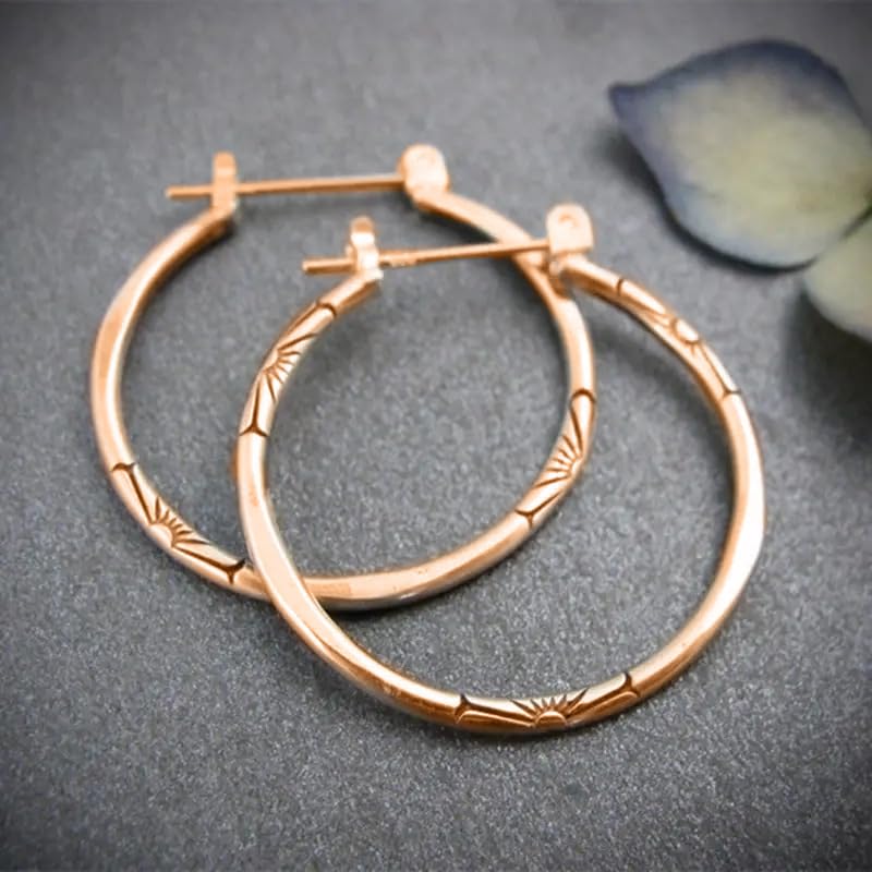 1Pair Fashion Vintage Engraved Sunburst Big Circle Earrings for Women Daily Casual Party Wear Simple Silvery Hoop Earrings - color: rose golden