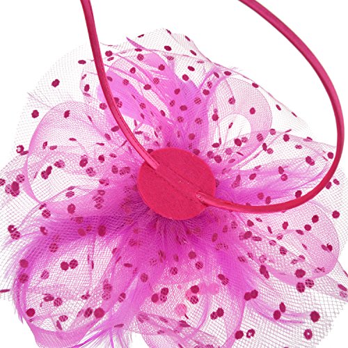 DRESHOW Fascinators Hat Flower Mesh Ribbons Feathers on a Headband and a Clip Tea Party Headwear for Girls and Women - color: 7" Diameter / Fushia