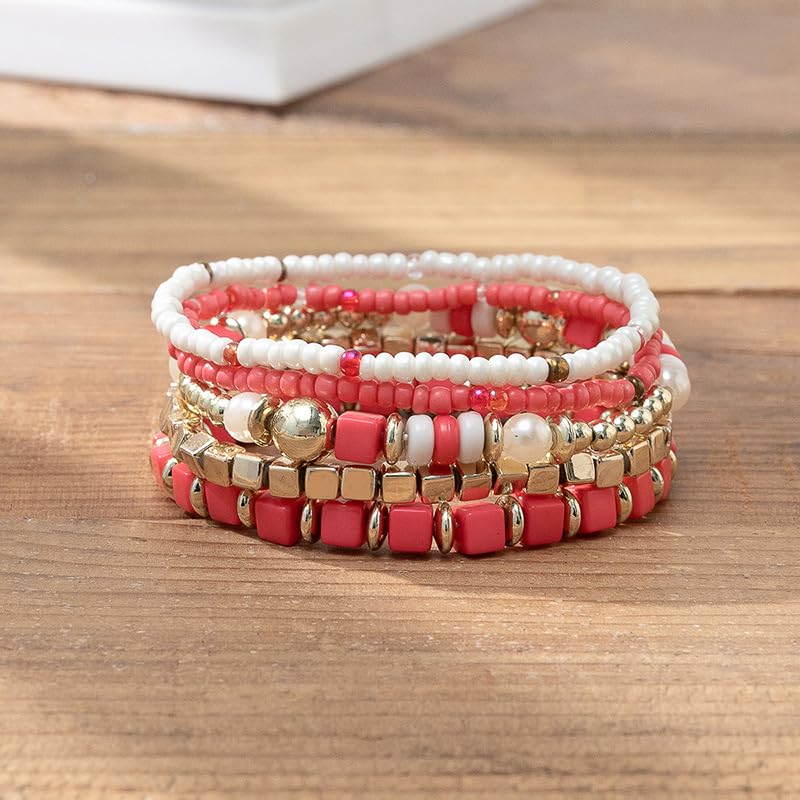 COLORFUL BLING 5Pcs/Set Bohemian Stackable Beads Bracelet for Women Multilayer Boho Seed Statement Stretch Strand Bracelet Friendship Women Jewelry - color: purple