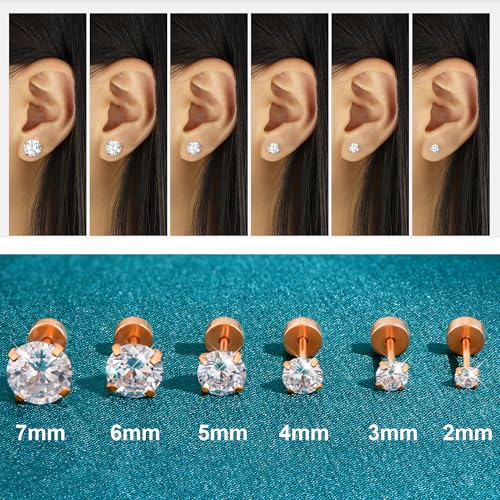 Flat Back Stud Earrings for Women - Hypoallergenic Surgical Steel Earrings with CZ Stones - 6 Pairs (18-20G) - color: Rose G, size: 20 G