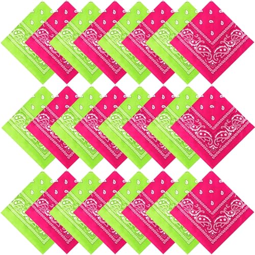 Suhine 24 Pcs Bandanas Bulk for Women Men 22 x 22 Inch Paisley Outdoor Headband Cowboy Handkerchief Summer - color: Fluorescent Green, Rose Red