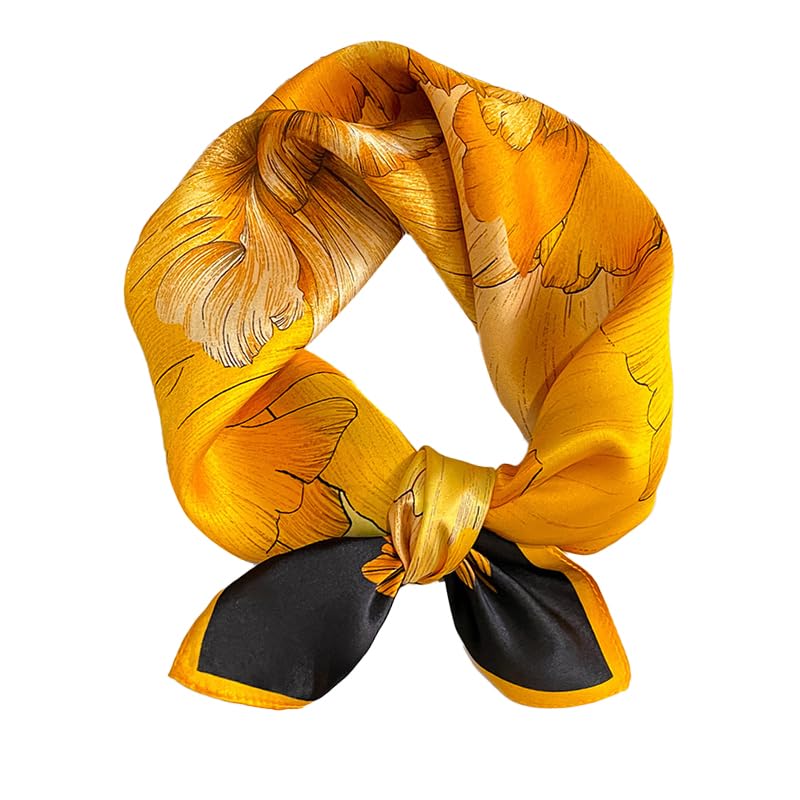 FEIBOON Mulberry Silk Scarfs Neck Scarf 21" Small Square Scarfs hair scarf bandana Neckerchief Headscarf for Women - color: Black and Orange Flowers