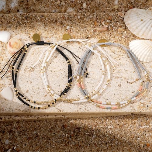 Boho Beaded Strand Friendship Bracelets set for Women,Adjustable Dainty Handmade Stackable White Gray Black 3PCS Couples String Rope Bracelet Bohemia Jewelry Gift