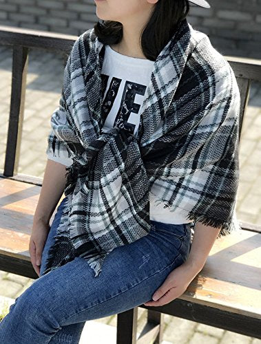 Wander Agio Womens Warm Long Shawl Winter Wraps Large Scarves Knit Cashmere Feel Plaid Triangle Scarf - color: Raw White Grey Colour 5
