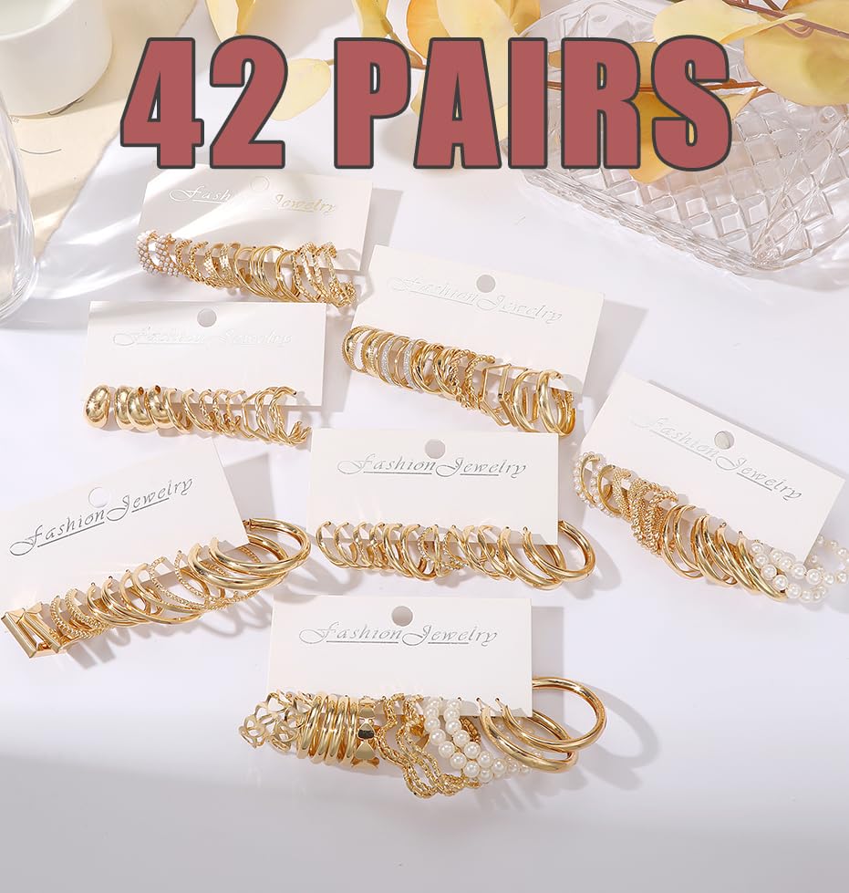 36 Pairs Gold Hoop Earrings Set for Women, Chunky Gold Earrings Multipack, Trendy Silver Hoop Earring Pack Jewelry - color: Style4-gold