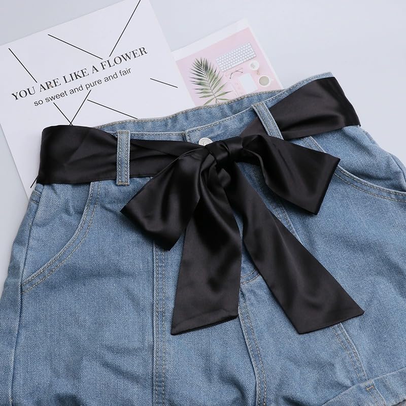 Long Thin Skinny Scarf Satin Neckerchief Ribbon Tie Waist Belt for Women - color: Black