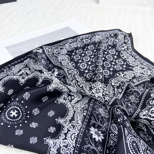 Women's Small 21 inch 100% Silk Scarf Bandana for Head Neck Hair | 100% Mulberry Silk Lightweight Designs Gift-Ready Packaging For Hair Fashion 21"x21" Printed - color: 204black