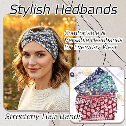 4 Pack Wide Women’s Headbands Boho Twist Turban Headband Non-Slip Elastic Workout Yoga Cross Hair Band Stretchy Hair Wrap Accessories for Girls - color: Bohemia-2