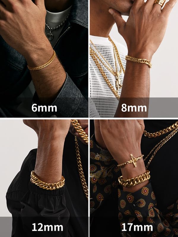 ChainsHouse Stainless Steel Cuban Link Bracelet, 8mm/12mm/17mm Width, 7.5"/8.3"/9", 18K Gold Plated Chain Wrist Bracelets for Men Women, Send Gift Box - color: O: Gold-17mm width