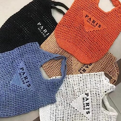 POOOPSSD New Woven Bag, Straw Mesh Tote Bag, Beach, Shoulder Bag, Hobo Women, Foldable Large Capacity, for Holiday. - color: Khaki
