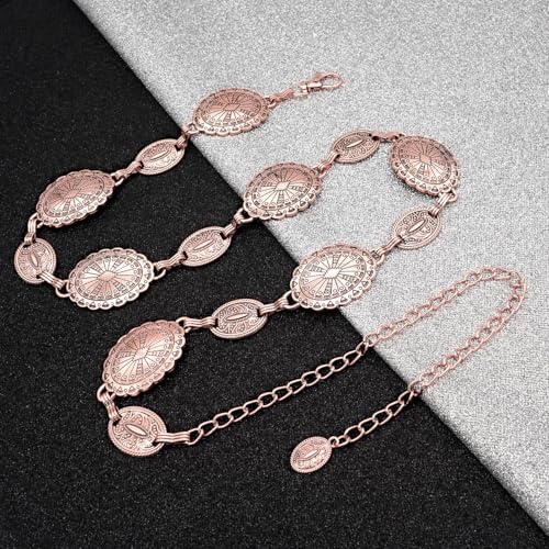 Women's Concho Chain Belt Western Cowgirl Metal Waist Chain Belt for Dress - color: C Rose Gold, size: L: 53.1 in