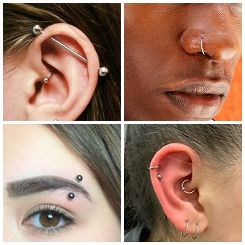 100PCS Piercing Kit Jewelry 14G 16G 20G Nose Rings Lip Studs Tongue Rings Stainless Steel Cartilage Earrings Tragus Eyebrow Industrial Barbell Belly Rings Body Piercing Kit Jewelry - color: silver