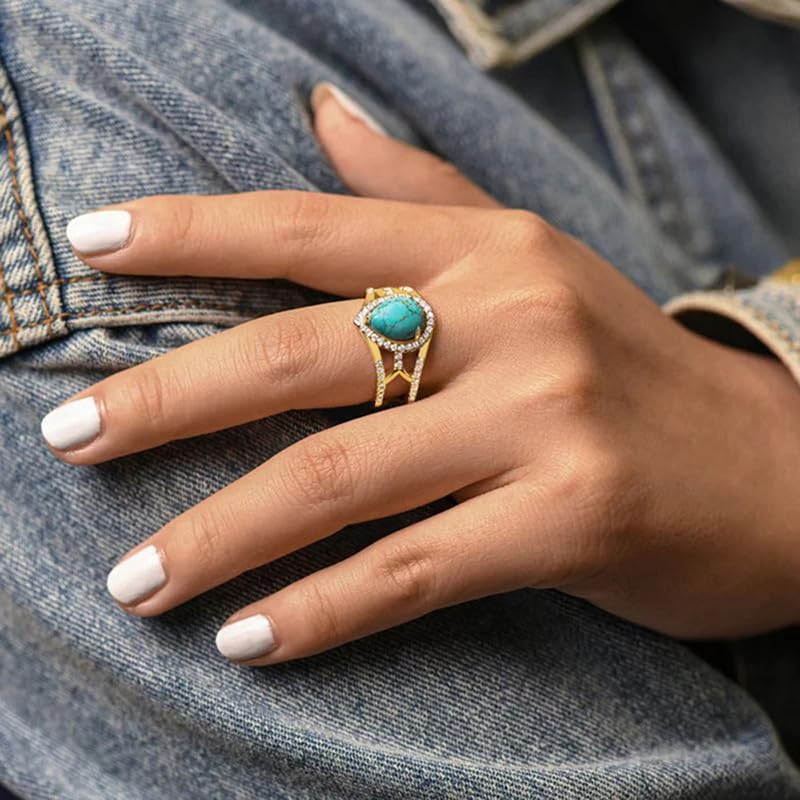 Hsitgexf Water Drop Pear Shaped 14k Gold Plated Blue Turquoise CZ Ring,Retro Boho Chic Jewelry Statement Birthstone Ring Anniversary Wedding Rings for Women Size 6-10（6） - size: US Size 6