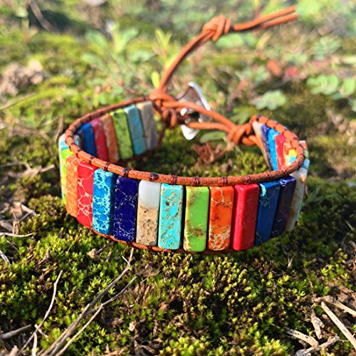 YGLINE Boho Handmade Wrap Leather Tube Crystal Stone Bracelet for Women - color: chakra stone