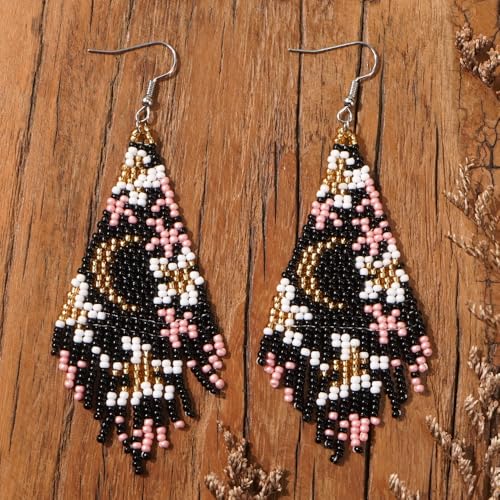 Flower Black Beaded Long Tassel Western Native American Earrings For Women Dangling - color: black pink