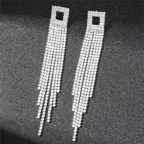 Rhinestone Tassel Earrings Sparkly Long Fringe Crystal Chandelier Dangle Drop Earrings Wedding Party Prom Earrings Premium Iridescent Earrings Wedding Party Jewelry Gifts for Women - color: Silver4