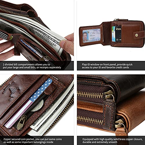 Zipper Wallet Men RFID Blocking Leather Bifold Wallets For Men - Flap ID Window Zip Coin Pocket Mens Zipper Wallets - Big Capacity Credit Card Travel Wallet (Brown) - color: Brown