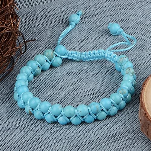 MASSIVE BEADS Double Layer Natural Chakra Healing Power Crystals Macrame Bracelet Yoga Stone Beads Gemstone Meditation Relax Anxiety Bangle for Unisex Women Men - color: Turquoise, size: 4mm