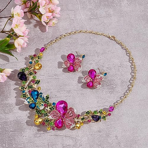 SUPERFINDINGS 2Pcs Crystal Flower Necklace Earrings Set Wedding Brides Jewelry Sets Rhinestone Bib Statement Necklace Fashion Flower Dangle Stud Earrings Prom Party Jewelry for Woman