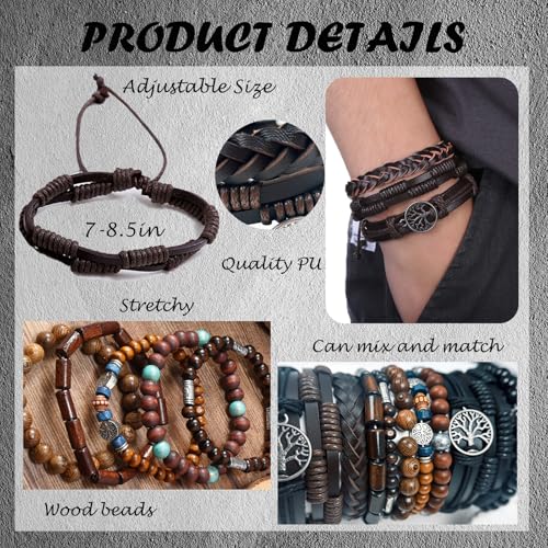 Punk Braided Leather Bracelets for Men Women Gothic Wood Beaded Tribal Wrap Wristband Grunge Emo Multilayer Adjustable Mens Bracelet in Black Brown Fathers Day Gift - color: Tree
