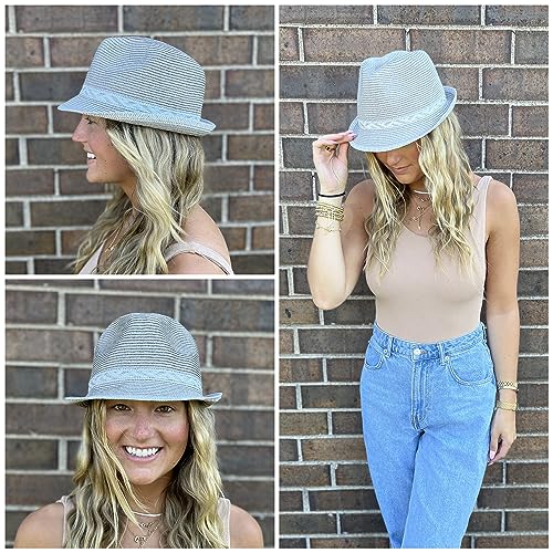 Funky Junque Straw Fedora Hats for Women - UPF 50+ Sun Hat, Short Brim Packable Beach Hat with Woven Pattern - color: 2 Pack - White & Grey