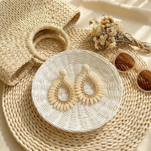 Woven Raffia Rattan Earrings for Women, Boho Flower Hoop & Drop Dangle Earrings Collection, Handmade Summer Beach Vacation Statement Earrings for Party Daily Wear - color: Raffia Fan Teardrop