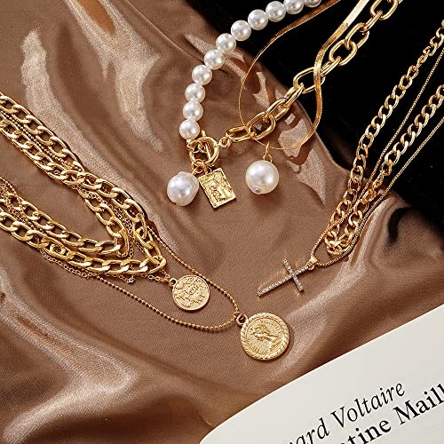 KISS WIFE Golden Jewelry Set for Women with Multi Layered Necklaces, Stackable Bracelets, Knuckle Rings, Hoop Earrings, Fashion Outfit Accessories Jewelry Packs Gifts for Women - style: Style 1