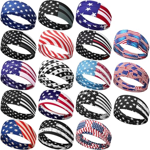 18 Pcs Sports Sweatbands for Men Women Camo Headbands Workout Non Slip Headbands Breathable Head Band Fitness Stretchy Unisex Hairband for Yoga Running Cycling Ball - color: Red Blue