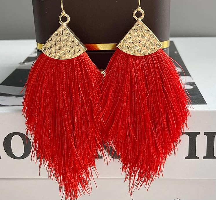 Earrings for Women Colorful Layered Leaf Earrings Bohemian Dangle Drop Tassel Silver Earrings Women Gifts - style: Red