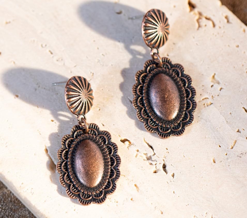Rustic Couture's Western Earrings for Women Cowgirl Country Concho Dangling Western Statement Jewelry - color: A-Bronze