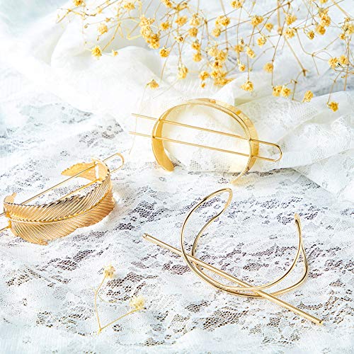 3 Pieces Gold Hair Accessory Set: Feather X-Shaped Bun Clip, Stick and Round Top