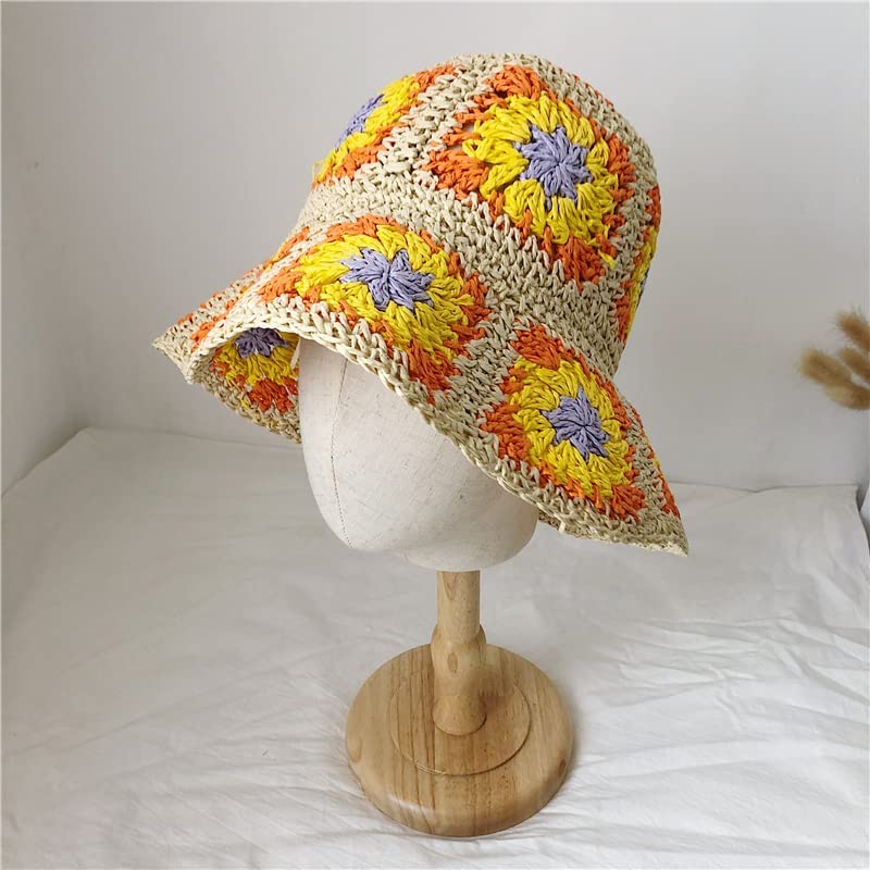 Women Straw Sun Hat Floral Woven Crochet Bucket Hat Y2k Aesthetic Accessories Beach Hat Hand Woven Boho Foldable Cap - color: Orange