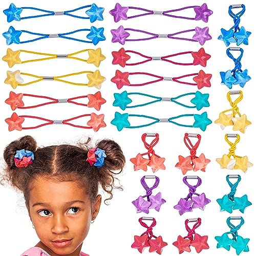 24pc Star-Shaped Multicolored Twin Bead Ponytail Ball Elastics Value Pack | Fun Colorful Hair Ties & Accessories for Girls & Children. No-Slip Hold. Kids Hair Bands - Cute - color: STAR