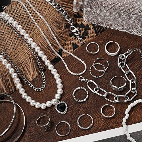 IFKM 36 PCS Silver Plated Jewelry Set with 3 PCS Necklace, 12 PCS Bracelet, 7 PCS Ear Cuffs Earring, 14 Pcs Knuckle Rings for Women Valentine Anniversary Birthday Friendship Gift - color: 36 Pcs Silver