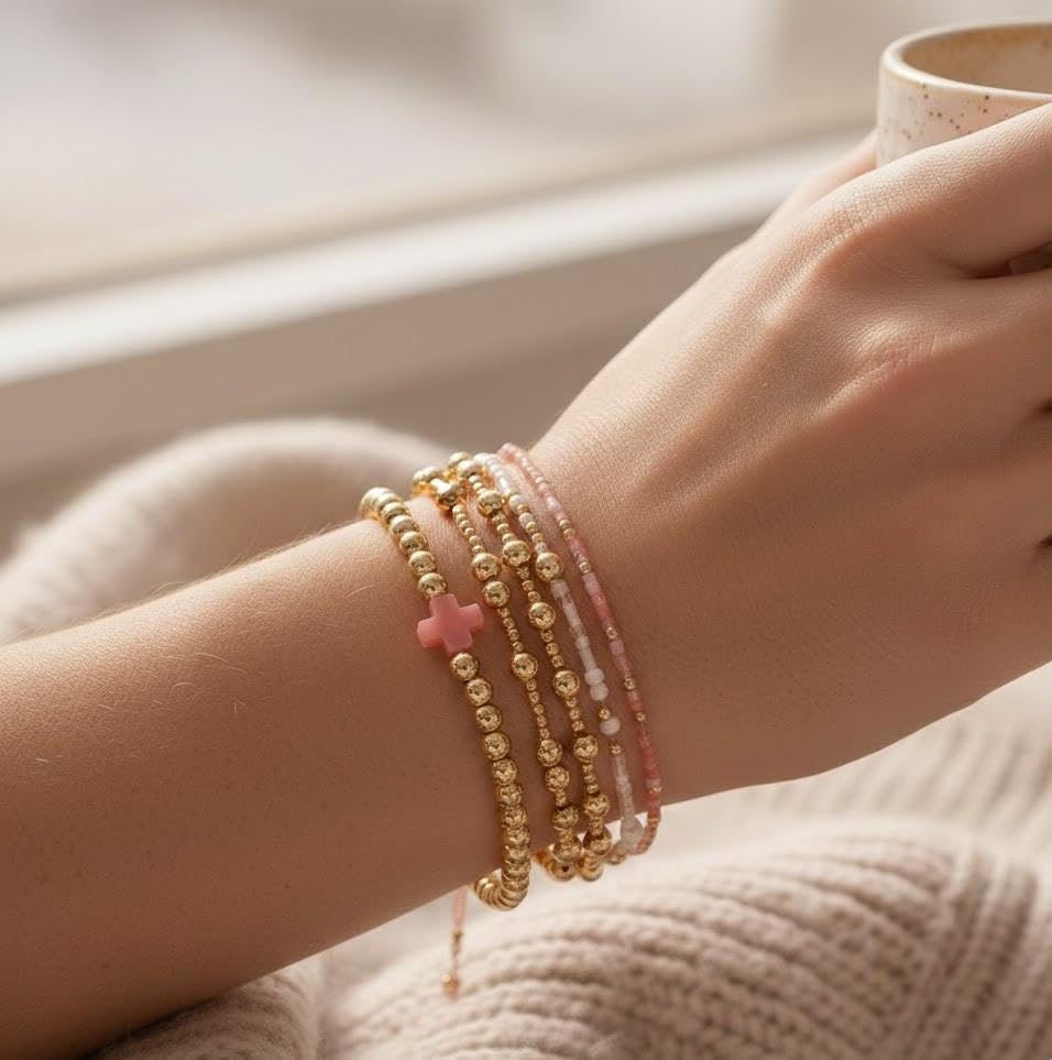 14K Gold Plated Beaded Bracelets Stack Set for Women,Stretch Boho Colorful Beads Ball Jewelry Friendship Summer Trendy - color: Pink cross