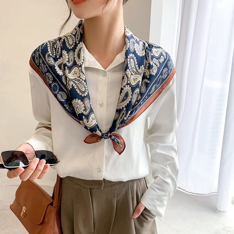 MINIDORA Satin Scarves for Women 27.5 × 27.5 inches Medium Square Elegant Silk Feeling Head Scarf - color: B007-navy Blue