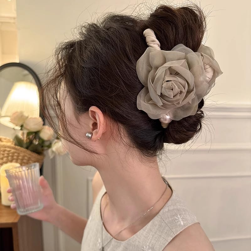 Large Chiffon Rose Flower Hair Claw Clips Boho Mesh Floral Hair Pins Barrettes Strong Hold Non-Slip Beach Vacation Hair Accessories for Women (Light Brown Large Chiffon Claw with Pearl) - color: Light Brown Large Chiffon Claw with Pearl