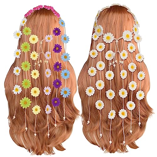Sucrain 2pcs Flower Hippie Headband Floral Crown Summer Sunflower Hair Accessories for 70 s Bohemian Costumes Style for Women(Multicolor + Beige) - color: Multicolor + Beige