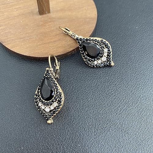 Unique Bohemian Vintage Sparkly Crystal Colorful Round Flower leverback earrings Boho Retro Bronze Circle Beaded Flower Floral Dangle Drop Earrings for Women - color: Black 12