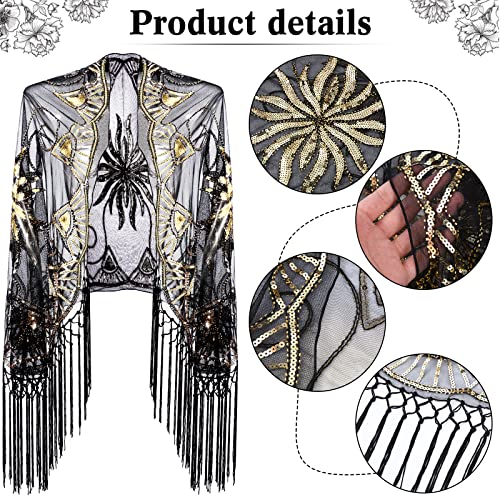 Zhanmai 5 Pcs 1920s Flapper Accessories for Women Roaring 20s Headpiece Shawl Necklace Earring Gloves - color: Black Gold, style: Retro