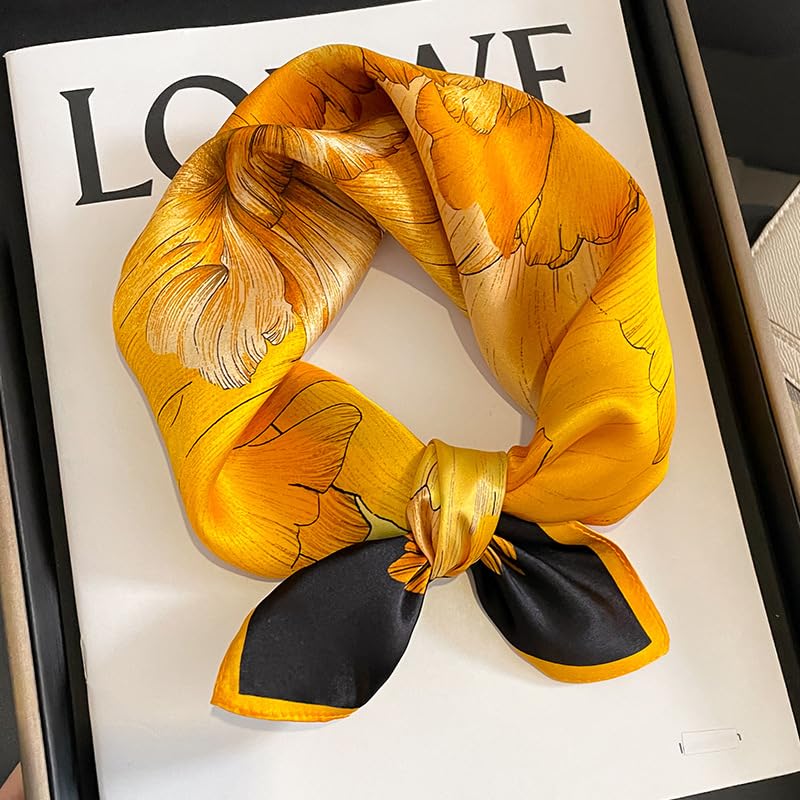 FEIBOON Mulberry Silk Scarfs Neck Scarf 21" Small Square Scarfs hair scarf bandana Neckerchief Headscarf for Women - color: Orange Flower