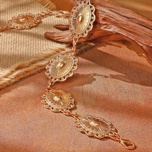XZQTIVE Women Boho Chain Belts For Dresses Jeans Western Cowgirl Waist Links Belt Adjustable Metal Concho Belt - color: Bright Gold, size: Fit Waist up to 56 In